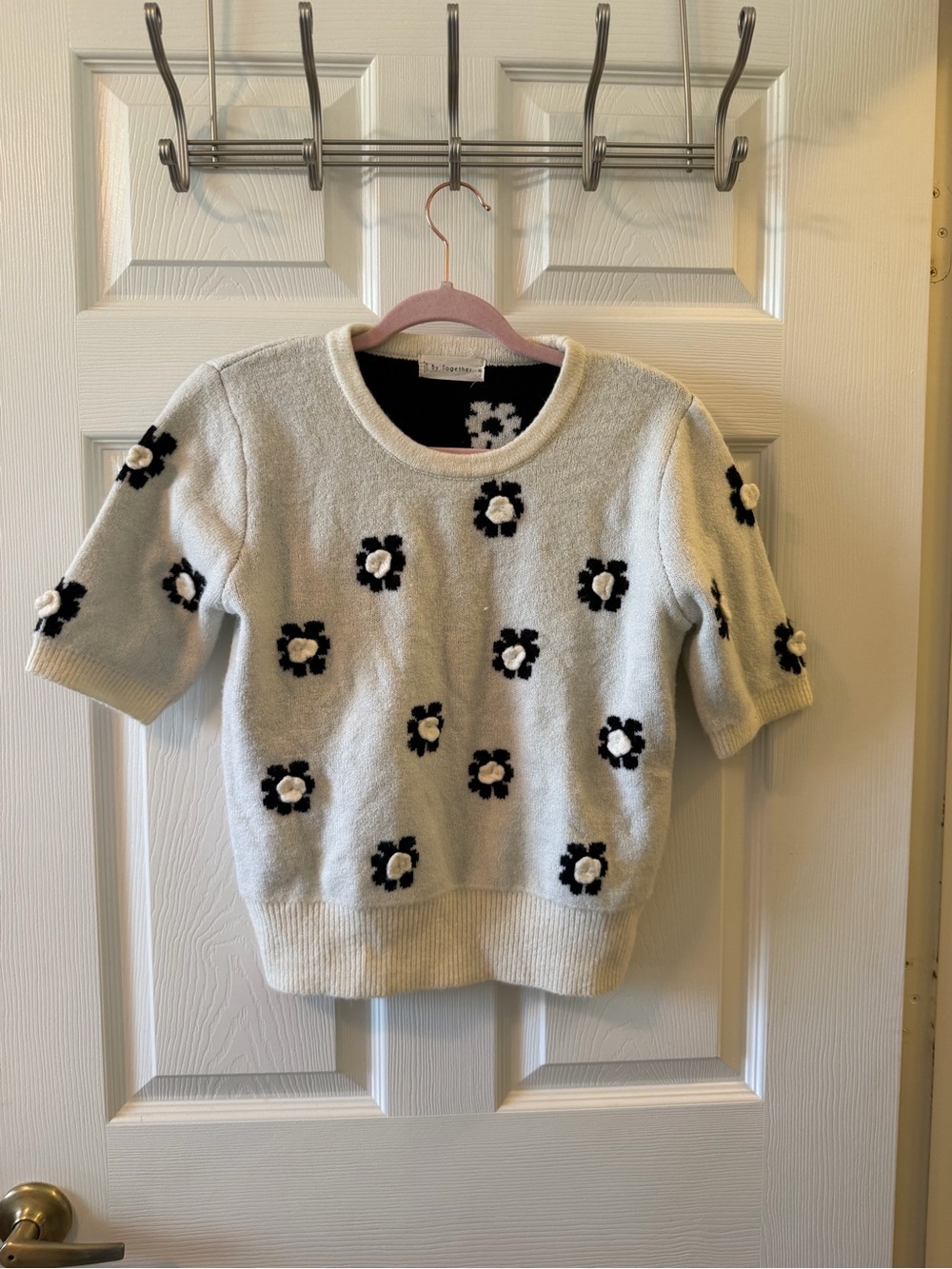 By Together Cream Short-Sleeve Crewneck Sweater with Black Floral Appliqués